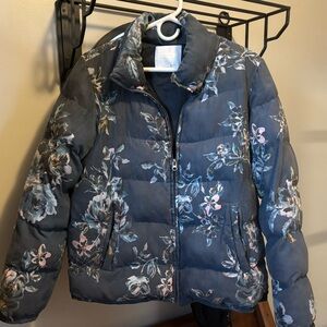 Anthropologie Blue Floral Puffer Jacket